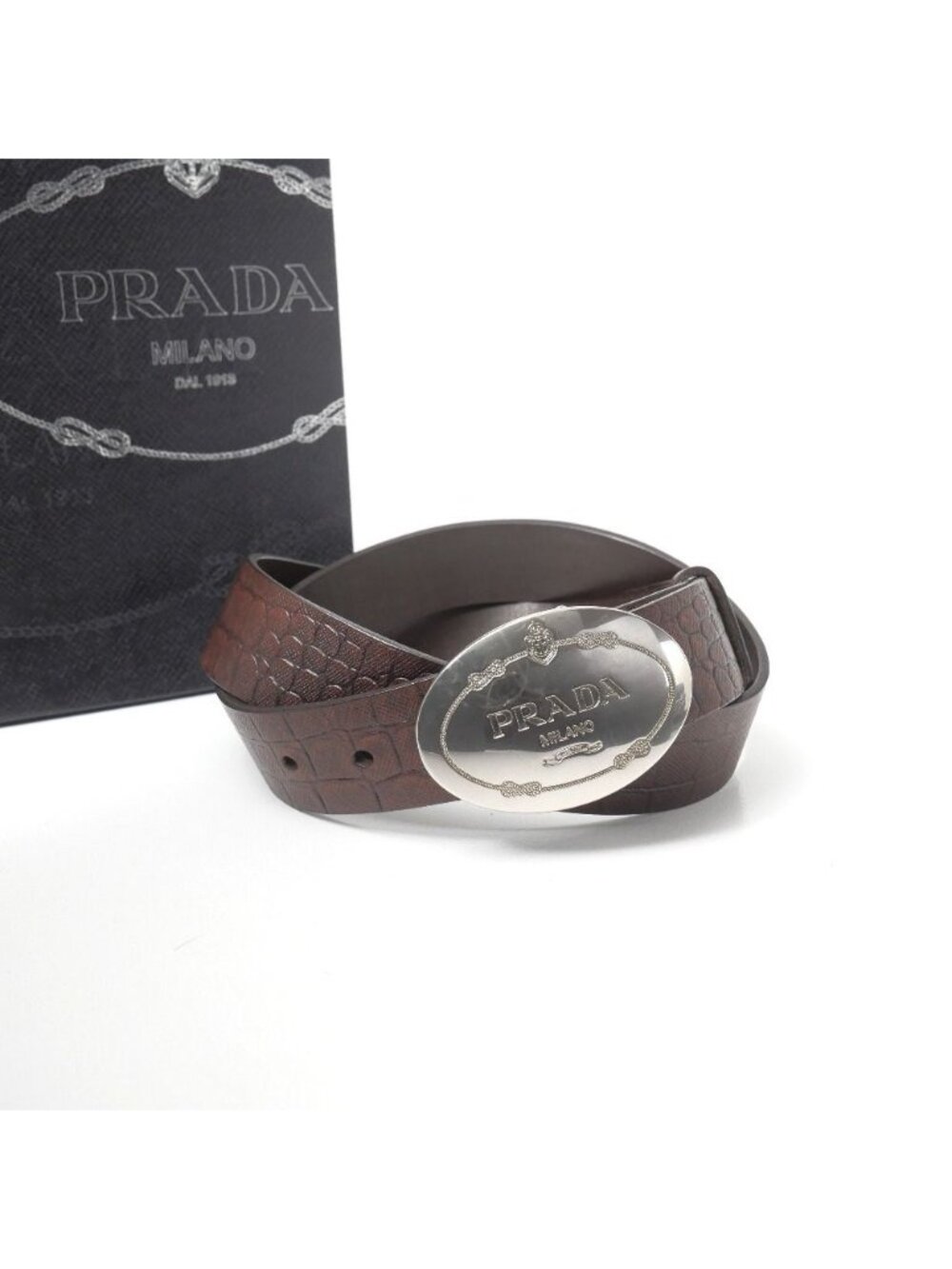 Prada Belt 90/36 Croco Embossed Leather Logo Buckle